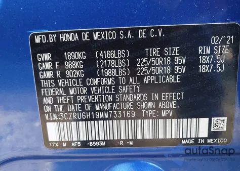 2021 Honda Hr-V Awd Sport z USA, uszkodzony, nr VIN 3CZRU6H19MM733169